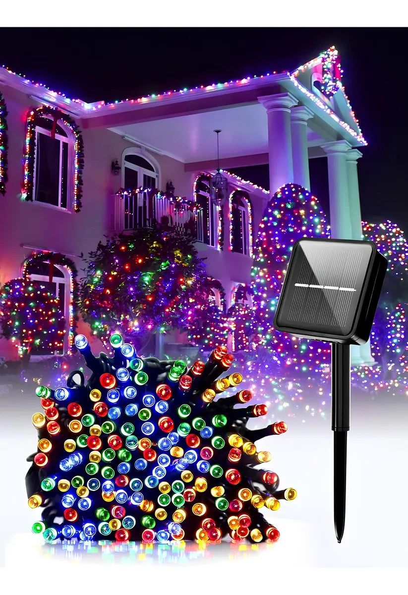 Luces de Navidad LED (20 Metros) Alimentadas por Panel Solar | Decoración Exterior Impermeable IP65