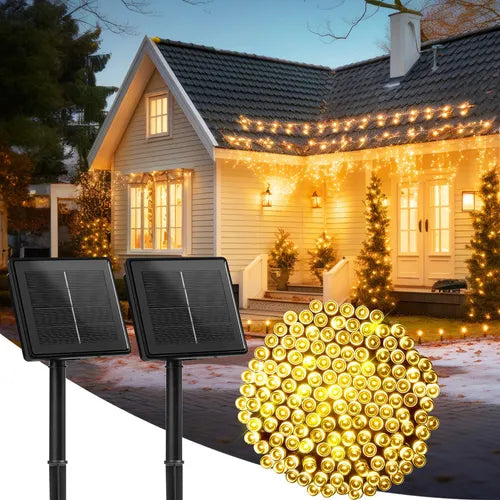 Luces de Navidad LED (20 Metros) Alimentadas por Panel Solar | Decoración Exterior Impermeable IP65
